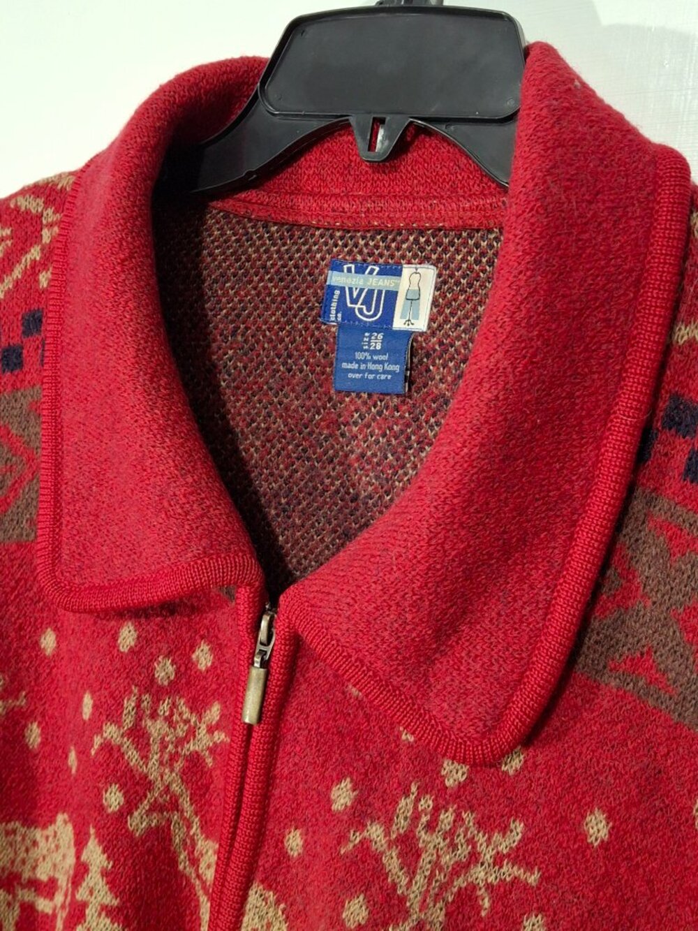 Vintage Venezia Jeans 100% Wool Red Reindeer Zip Up Sweater Jacket 26/28 Holiday - Picture 7 of 7